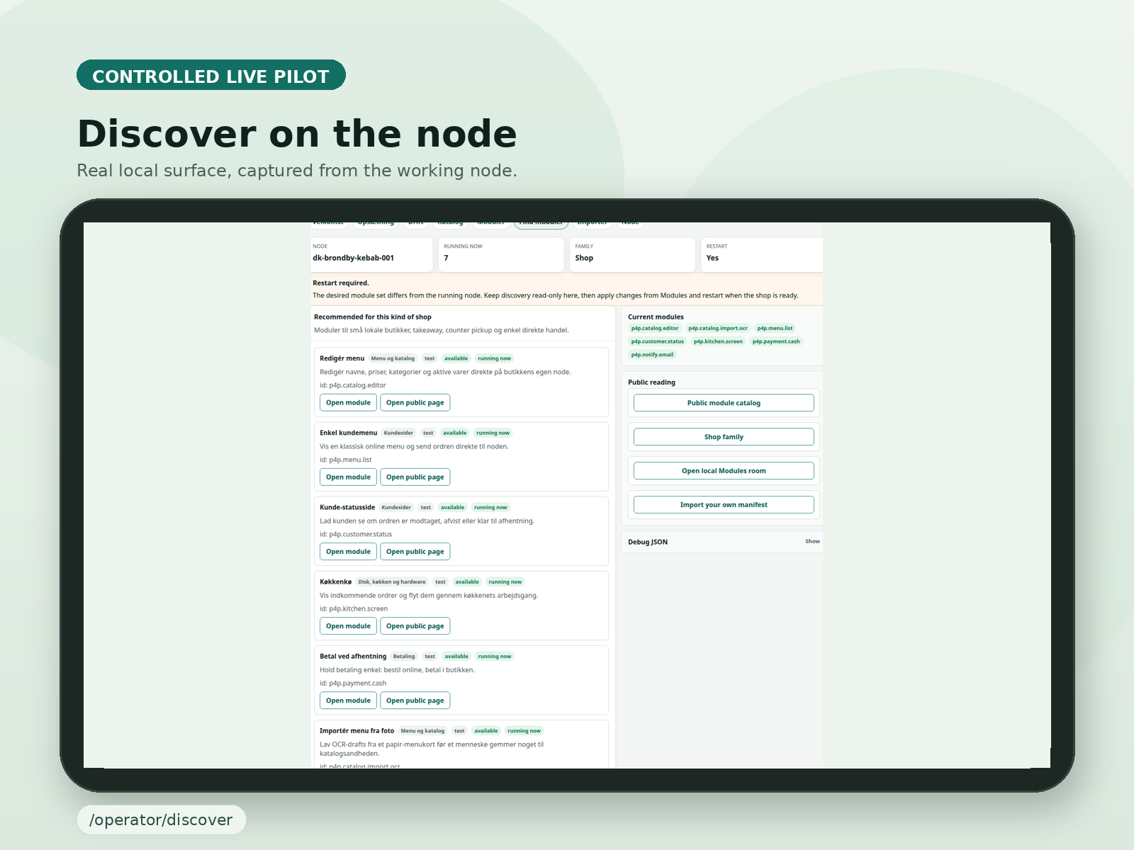Curated tablet plate of the P4P discover room, where the public module catalog is read inside the local node shell.