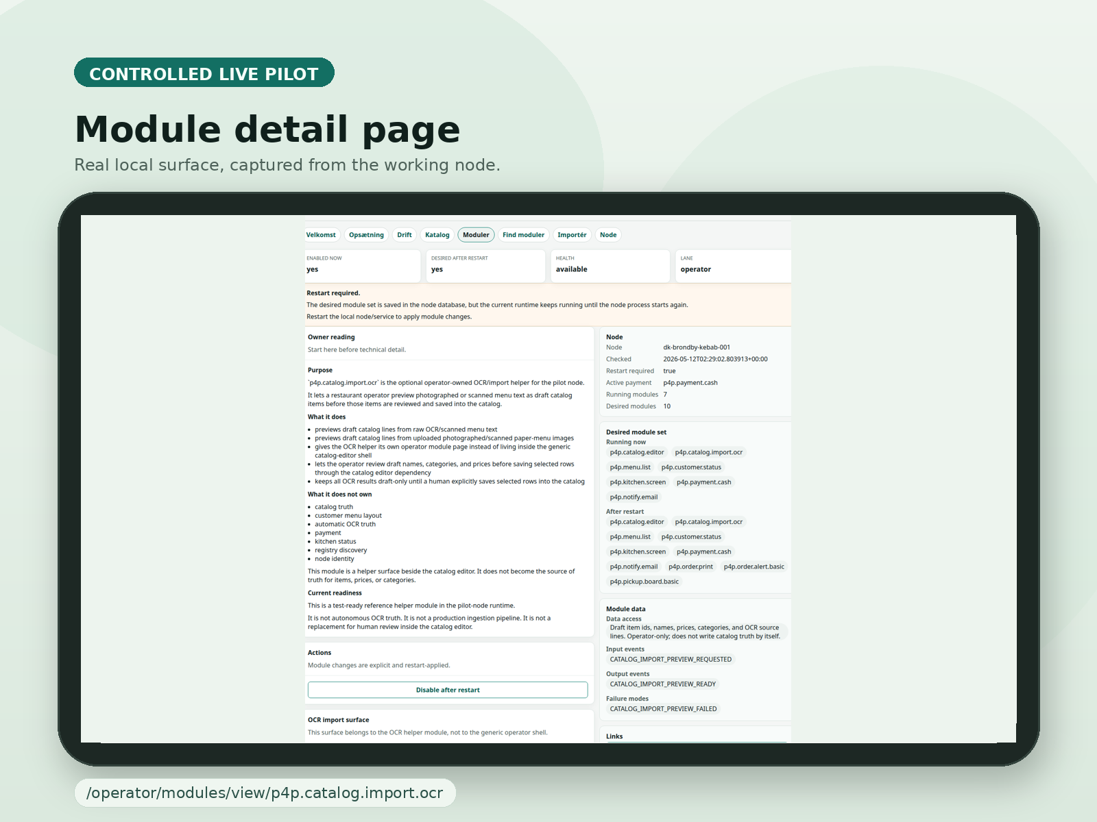 Curated tablet plate of the P4P module detail page for the OCR import module, with owner-first explanation and local status.